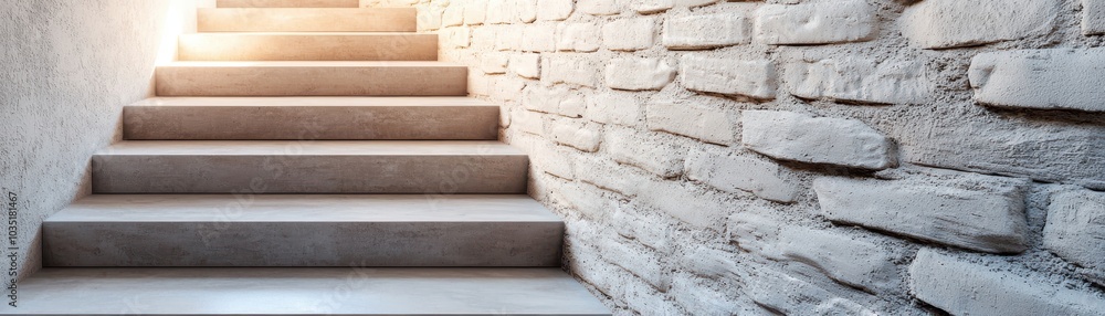A well-lit staircase leading upwards, with smooth wooden steps against a textured stone wall. A well-lit staircase leading upwards, with smooth wooden steps against a textured stone wall.