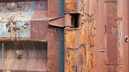 A close-up of a shipping container's side panel and corner casting, with signs of wear and structural elements, Port setting with rugged textures photo