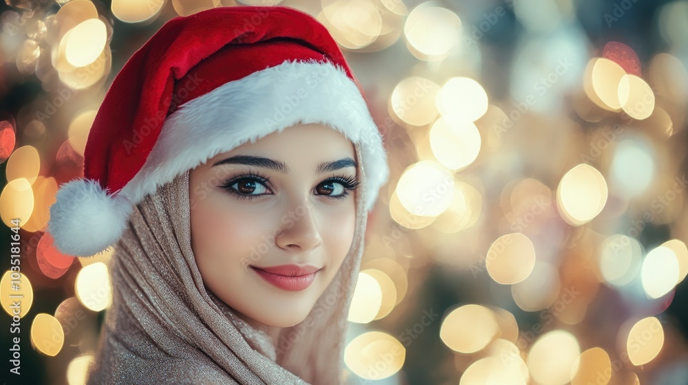Beautiful arabian female model wear santa hat, festive atmosphere Beautiful arabian female model wear santa hat, festive atmosphere