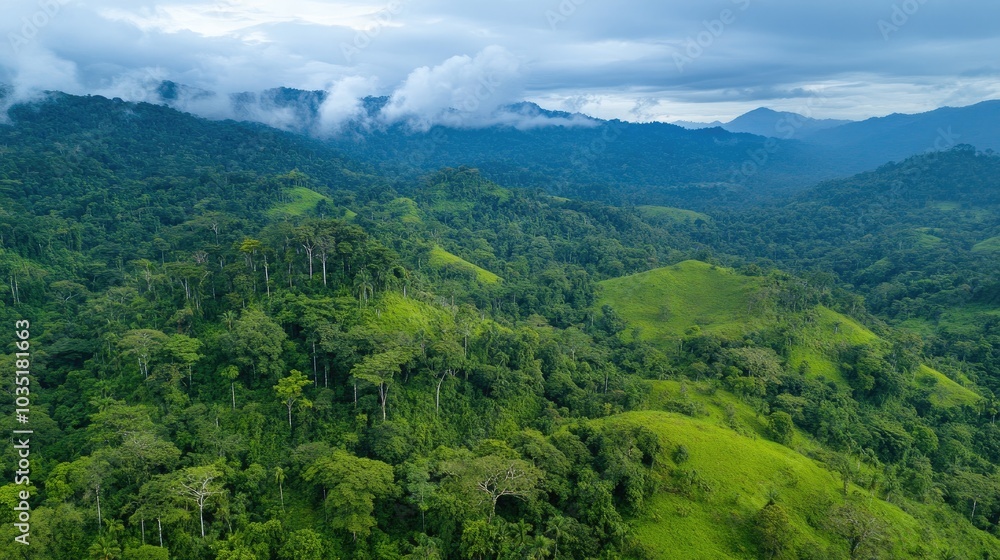 Fototapeta premium Lush Green Mountains with Cloudy Sky Aerial View