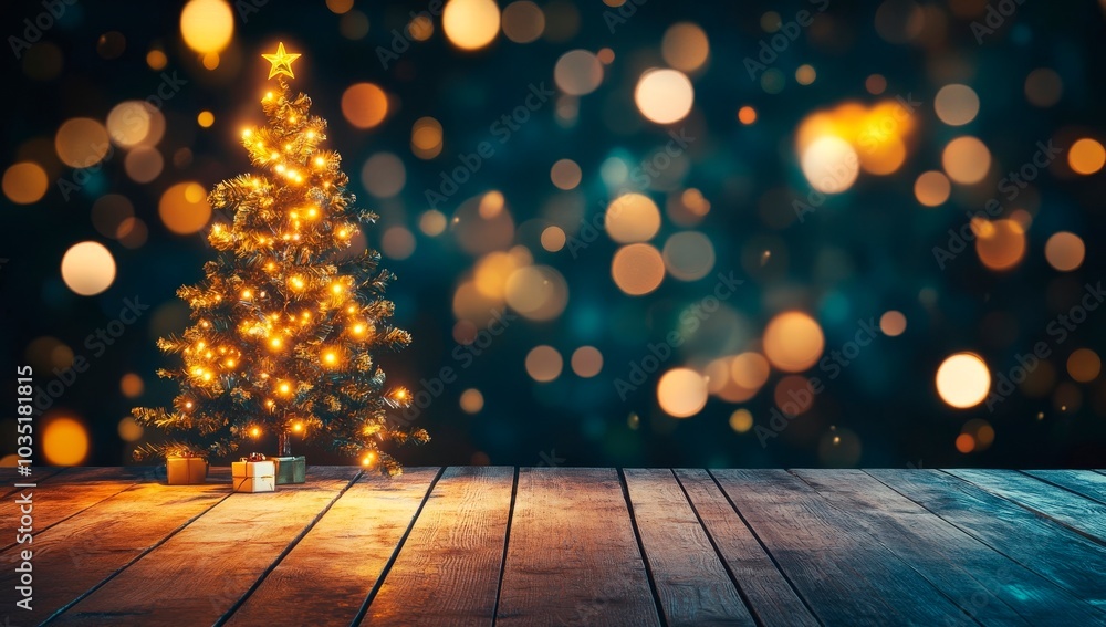A golden Christmas tree stands on an empty wooden table, against a background of falling snowflakes and golden lights., card banner or wallpaper, copy space for text A golden Christmas tree stands on an empty wooden table, against a background of falling snowflakes and golden lights., card banner or wallpaper, copy space for text