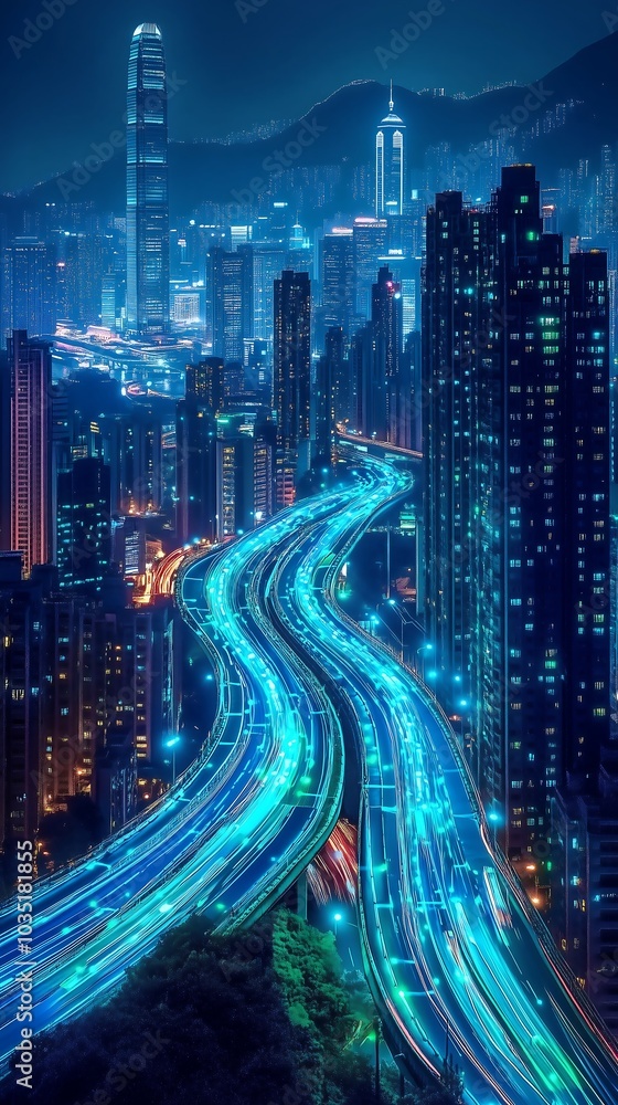Vibrant cityscape at night with illuminated skyscrapers and bustling highways. Vibrant cityscape at night with illuminated skyscrapers and bustling highways.