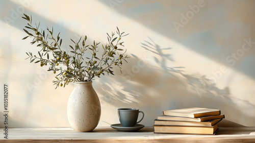 Tranquil Mediterranean Home Office with Olive Tree Decor, Coffee Cup, and Books on Wooden Table in Sunlit Modern Living Room