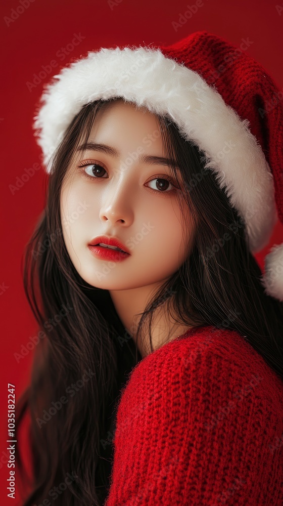 Beautiful asian female model wear santa hat, festive atmosphere Beautiful asian female model wear santa hat, festive atmosphere