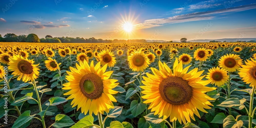 Obraz premium A colorful sunflower field dancing in the sunlight against a bright blue sky—perfect for nature lovers, floral themes, summer landscapes, and exquisite outdoor photography.