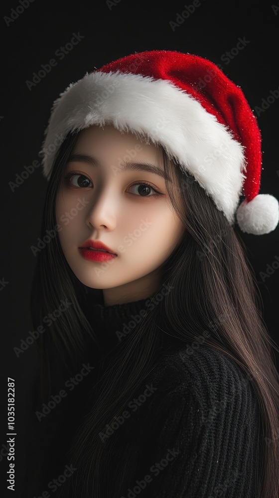 Beautiful asian female model wear santa hat, festive atmosphere Beautiful asian female model wear santa hat, festive atmosphere