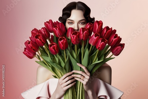 Stylish anonymous woman hiding face with red tulips on pink background, copy space. Hidden love, secret relationship, shyness, masking true identity, fear of judgment, hiding pain or grief concept  photo