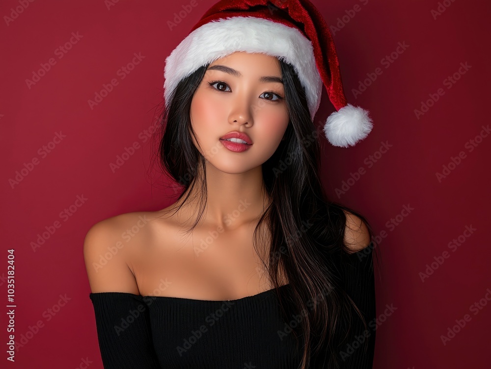 Beautiful asian female model wear santa hat, festive atmosphere Beautiful asian female model wear santa hat, festive atmosphere