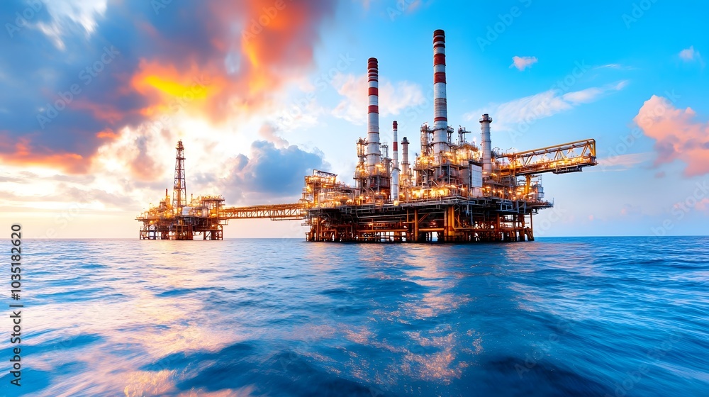 A vibrant offshore oil rig stands against a colorful sunset, surrounded by calm waters, showcasing industrial advancement and natural beauty. A vibrant offshore oil rig stands against a colorful sunset, surrounded by calm waters, showcasing industrial advancement and natural beauty.