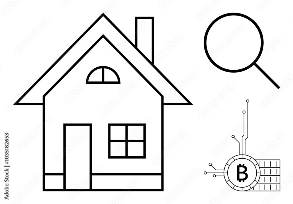 Outline of a house alongside a magnifying glass and a Bitcoin symbol. Ideal for real estate, investment, cryptocurrency, financial exploration, and digital currency themes. Simple and modern style Outline of a house alongside a magnifying glass and a Bitcoin symbol. Ideal for real estate, investment, cryptocurrency, financial exploration, and digital currency themes. Simple and modern style
