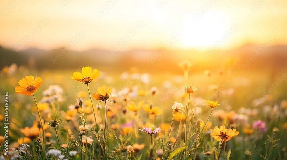 Fototapeta premium Bright Summer Flowers at Sunrise in a Vibrant Field