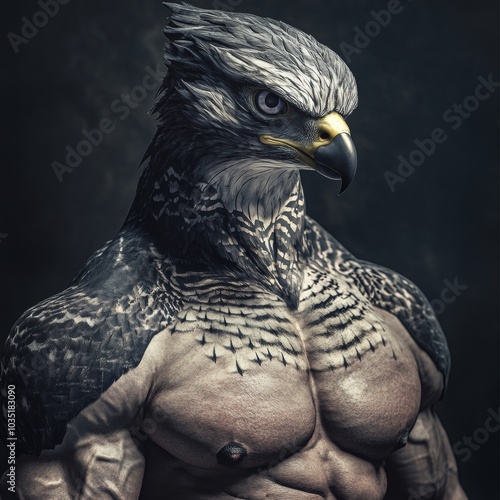 Anthropomorphic muscular falcon with human body
 photo