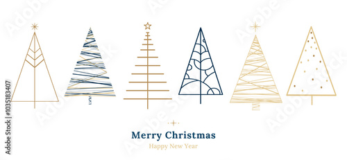 Christmas trees set in Minimalistic linear style drawing. Hand drawn Scandi christmas trees geometric style design collection. Abstract Xmas decoration. Modern pine trees. Vector illustration