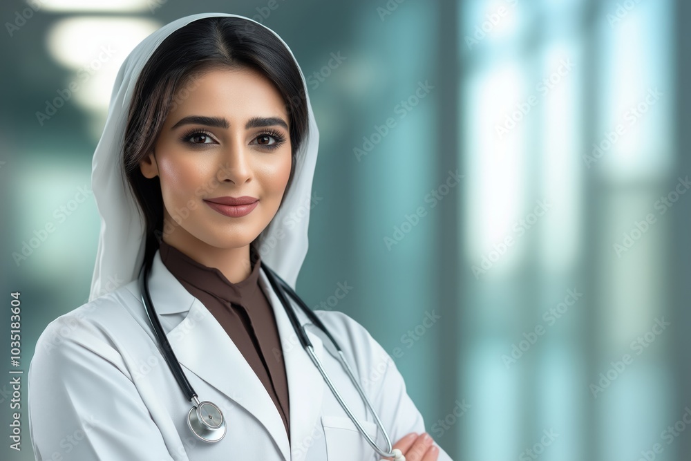 A professional portrait of a smiling Saudi female doctor wearing a white medical coat and stethoscope, standing confidently in a hospital hallway. A professional portrait of a smiling Saudi female doctor wearing a white medical coat and stethoscope, standing confidently in a hospital hallway.