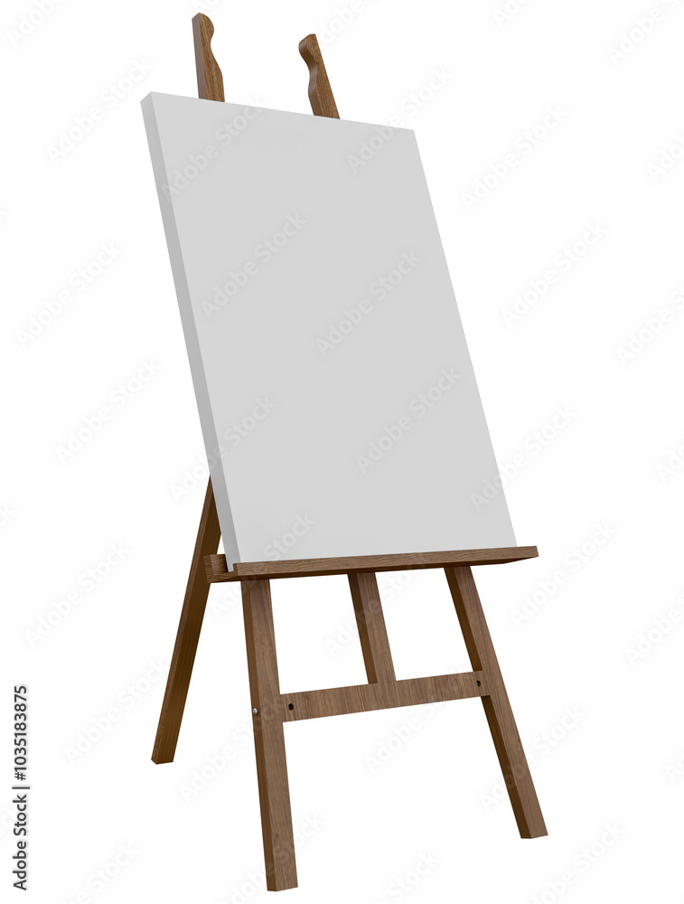 Wooden easel stand with blank an art board canvas. Presentation board on a tripod artwork mockup, template for artists to showcase their work or that require visual aids Wooden easel stand with blank an art board canvas. Presentation board on a tripod artwork mockup, template for artists to showcase their work or that require visual aids