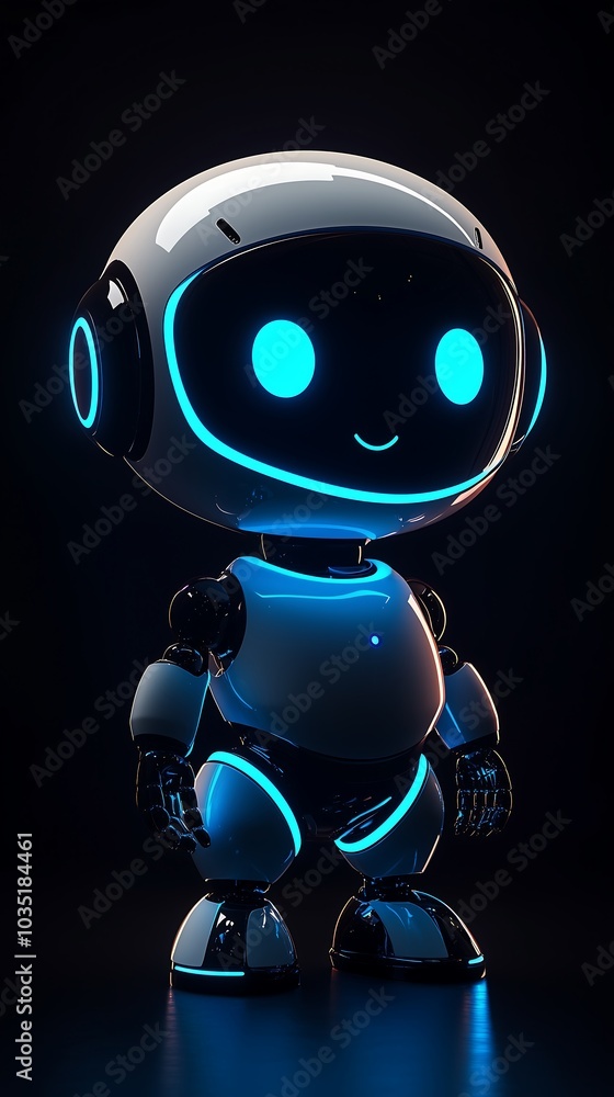 Cute futuristic robot with glowing blue lights against a dark background. Cute futuristic robot with glowing blue lights against a dark background.