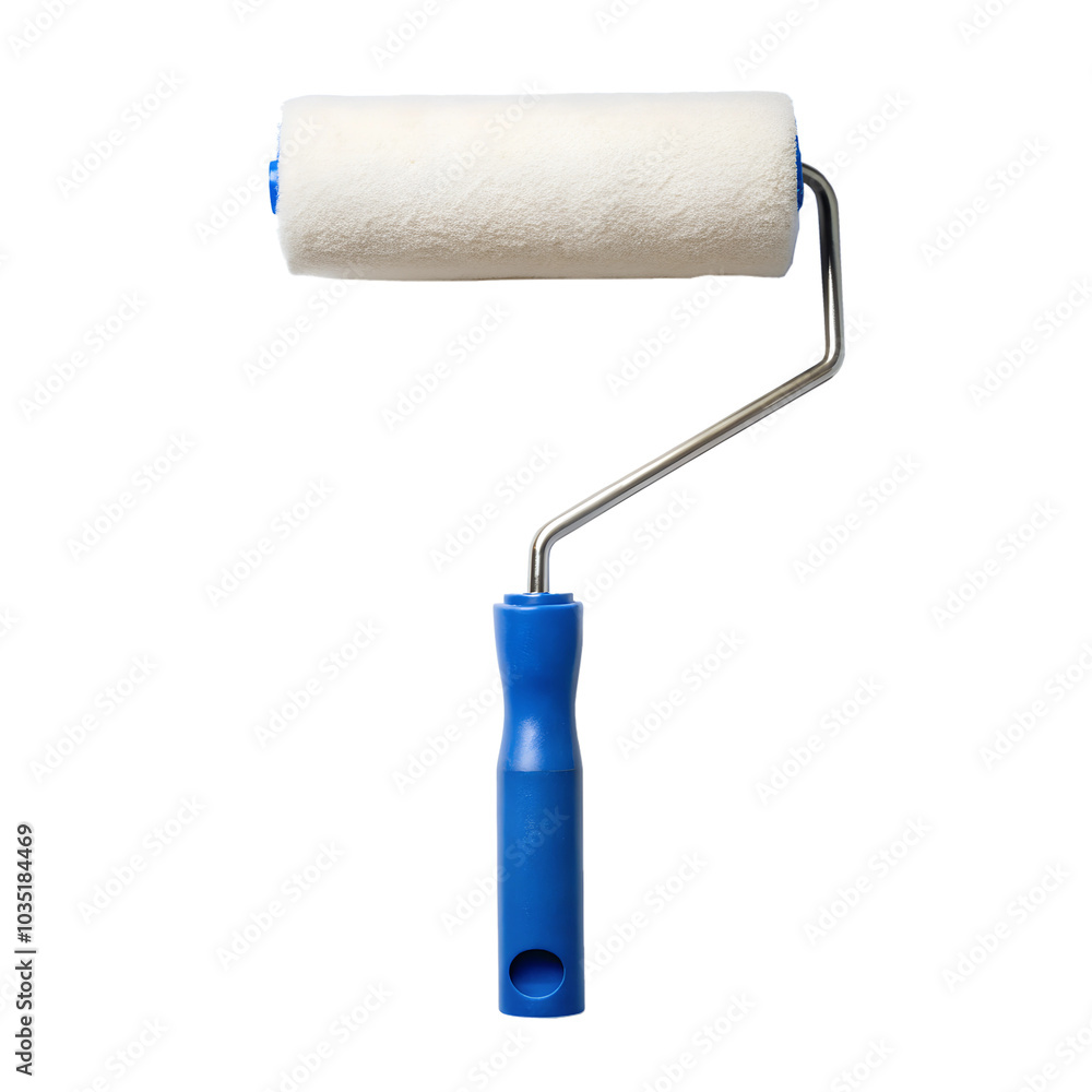 Obraz premium Paint roller, white roller with handle and blue paint isolated on a transparent background