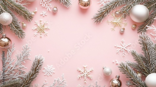 Elegant holiday decorations with snowflakes, silver and pink ornaments, and evergreen branches on a soft pink backdrop, creating a joyful seasonal atmosphere.