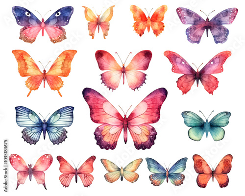 A collection of colorful butterflies in various shades of pink, blue, and green photo