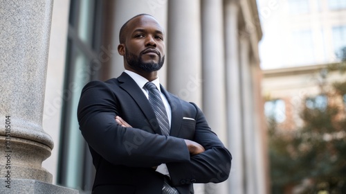 A lawyer standing outside a courthouse, dressed in formal attire, symbolizing justice