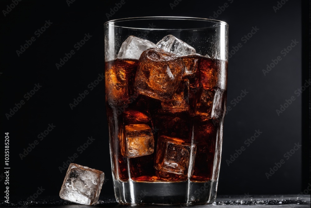 Glass of cola with ice cubes on dark background Glass of cola with ice cubes on dark background