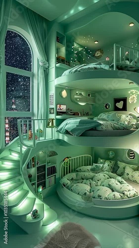 Retro-Futuristic Green Theme Bedroom with a View of Rainfall Outside | 3D bedroom in retro-futuristic style. Lofi theme room with raining outside