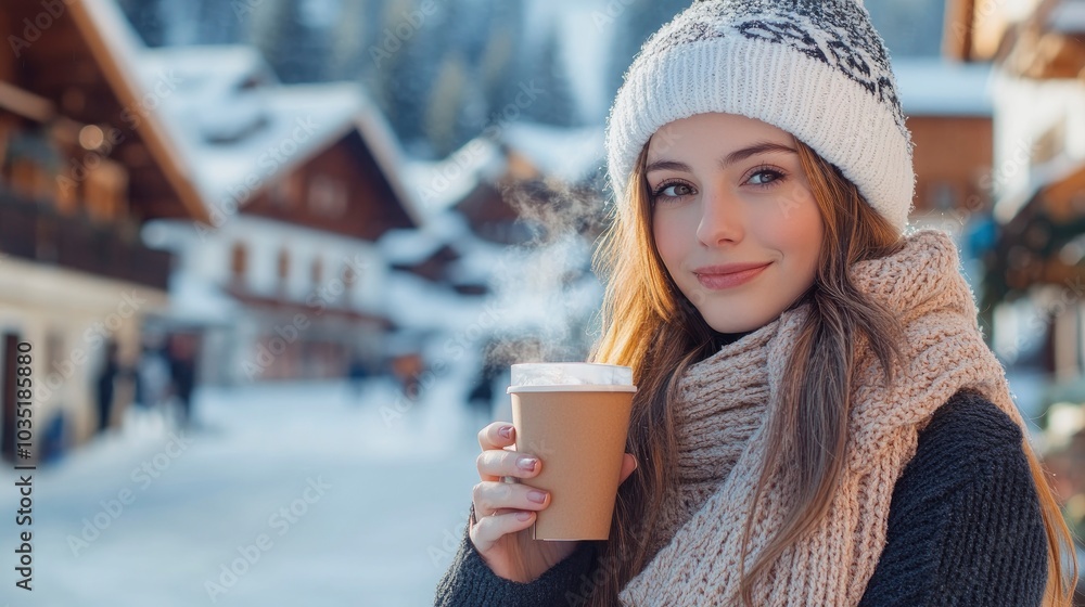 Beautiful girl posing with a paper glass of hot mulled wine on the background of alpine village, festive atmosphere Beautiful girl posing with a paper glass of hot mulled wine on the background of alpine village, festive atmosphere