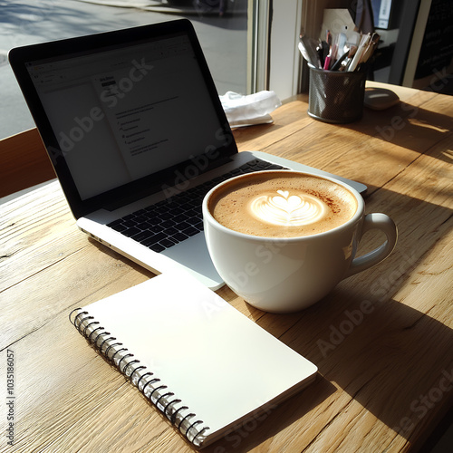 Hot coffee and a notebook next to a laptop on a wooden table