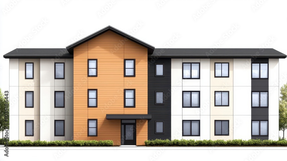 Affordable housing apartment complex, with modern, minimalist design aimed at reducing costs while providing highquality living spaces, 3D illustration Affordable housing apartment complex, with modern, minimalist design aimed at reducing costs while providing highquality living spaces, 3D illustration