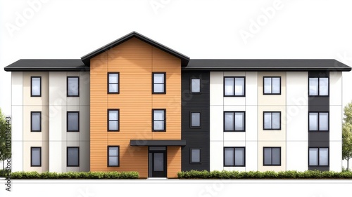 Affordable housing apartment complex, with modern, minimalist design aimed at reducing costs while providing highquality living spaces, 3D illustration