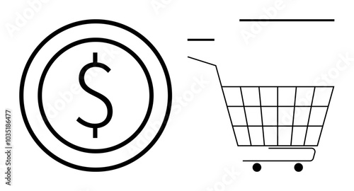 A dollar symbol in a circle and an abstract shopping cart, both in a minimalistic style. Ideal for e-commerce, retail, finance, online shopping, and marketing themes. Simple line art style