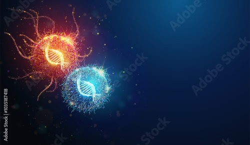 Abstract illustration of cancer cell near healthy cell with DNA helix made of glowing neon particles. Geometric background depicting oncology disease screening medical concept