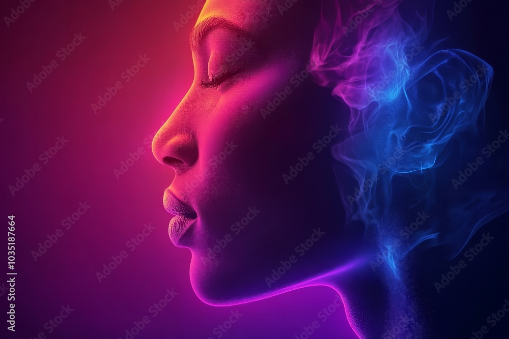 Abstract profile of a woman with neon pink and blue smoke swirling around her symbolizing energy mystery and the fusion of modern technology with personal identity Abstract profile of a woman with neon pink and blue smoke swirling around her symbolizing energy mystery and the fusion of modern technology with personal identity