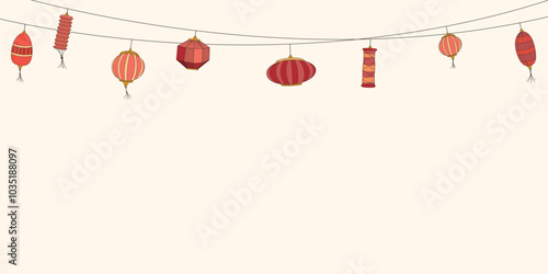 Chinese lantern hanging hand drawn childish style on horizontal background have blank space. Chinese New Year greeting card template.