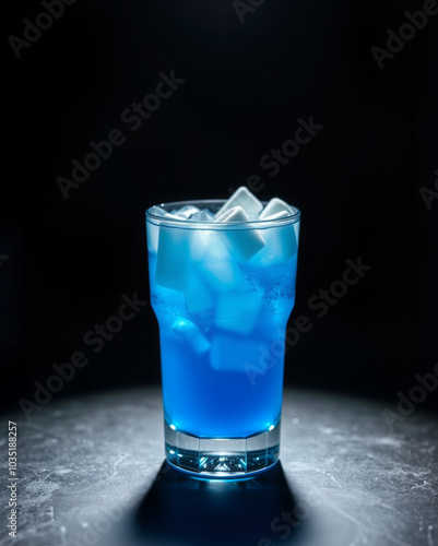 blue cocktail on a black background illuminated by a spotlight