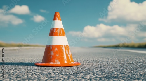 Orange Road Sign: Plastic Striped Cone Symbolizing Road Safety photo