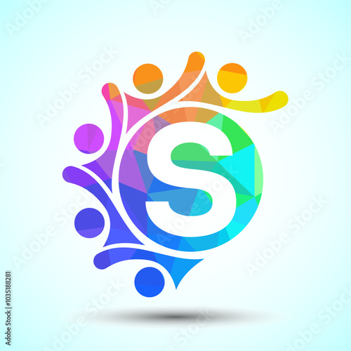 Initial alphabet S with connecting people. Team, cooperation logo sign symbol