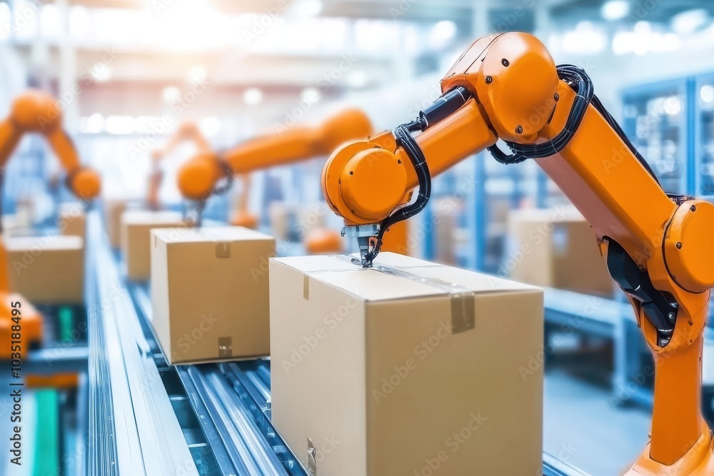 Automated warehouse with robotic arms moving boxes, smart technology logistics concept Automated warehouse with robotic arms moving boxes, smart technology logistics concept