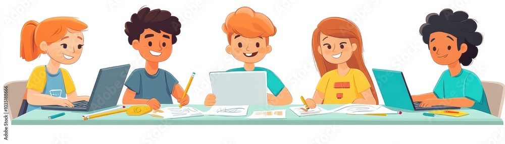 Diverse Group of Happy Students Collaborating on a Creative Project with Laptops and Art Supplies at a Bright Classroom Table Diverse Group of Happy Students Collaborating on a Creative Project with Laptops and Art Supplies at a Bright Classroom Table