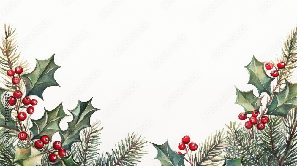 Festive Christmas Border with Holly and Pine Branches on White Background for Holiday Designs Festive Christmas Border with Holly and Pine Branches on White Background for Holiday Designs
