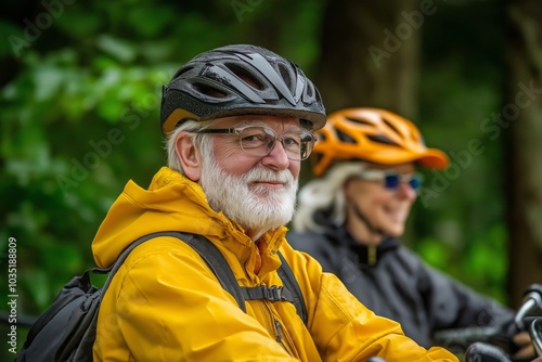 Two elderly cyclists wearing helmets and bright jackets, smiling during a cycling trip in a lush green forest. Their active lifestyle reflects health, joy, and an adventurous spirit
