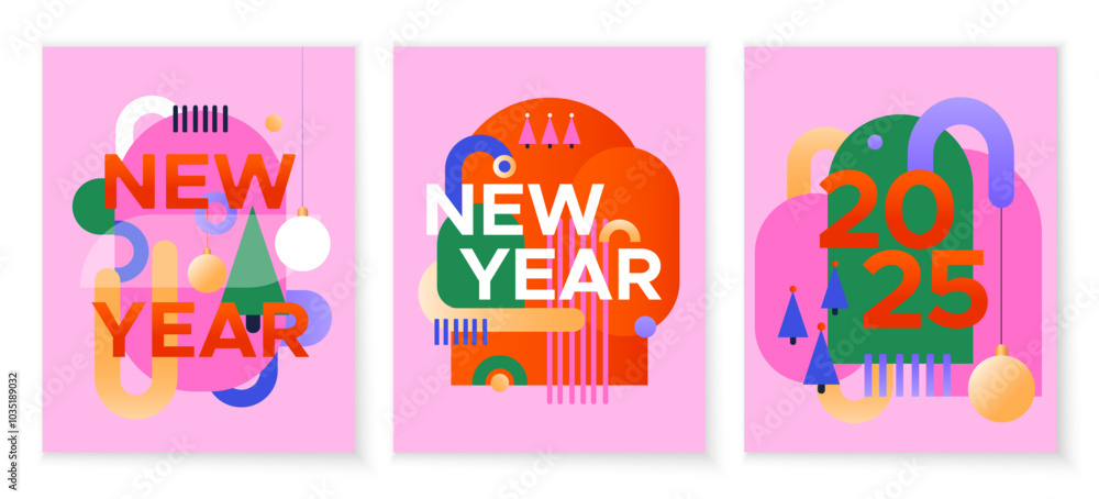 New Year's card set with a minimalistic design. Colored shapes on a pink background. Happy New Year greeting cards. New Year's card set with a minimalistic design. Colored shapes on a pink background. Happy New Year greeting cards.
