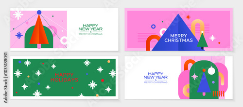 New Year's banner set with a minimalistic design. Christmas tree and colored shapes on a colored background.  Happy New Year greeting banners.