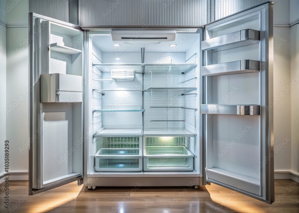An uncluttered refrigerator design highlights clear shelves, modern aesthetics, and open space, showcasing kitchen essentials while maintaining a clean and organized minimalist look throughout. An uncluttered refrigerator design highlights clear shelves, modern aesthetics, and open space, showcasing kitchen essentials while maintaining a clean and organized minimalist look throughout.