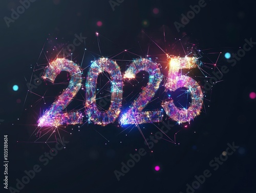 Happy New Year digital abstract web banner with futuristic glowing 2025 number photo