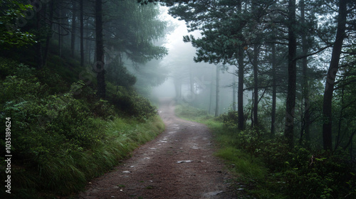 A foggy forest path where every sound seems amplified in the silence.