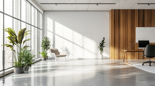 Modern Office Interior with Natural Light and Plants