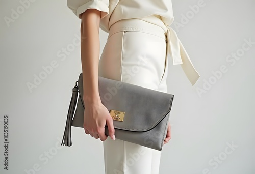 Cropped shot of hot gorgeous well dressed by formal dress code stunning charming business lady, standing on pure light background, with arm in pockets of classic pants, other on cool dark bag
 photo