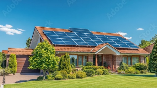 A beautifully designed home with solar panels feeding energy into the electrical system, running home appliances like kitchen equipment and air conditioning