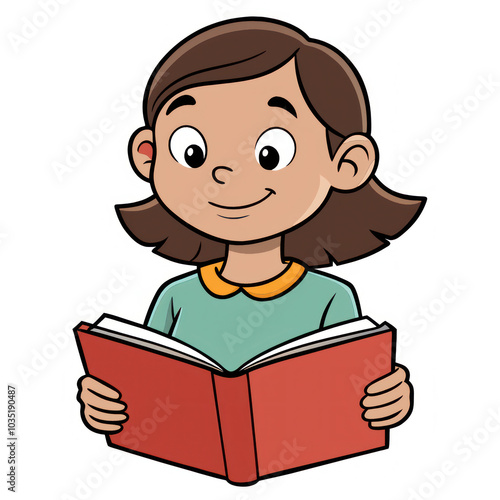 A Young Girl Reads Intently From a Book on a White Background